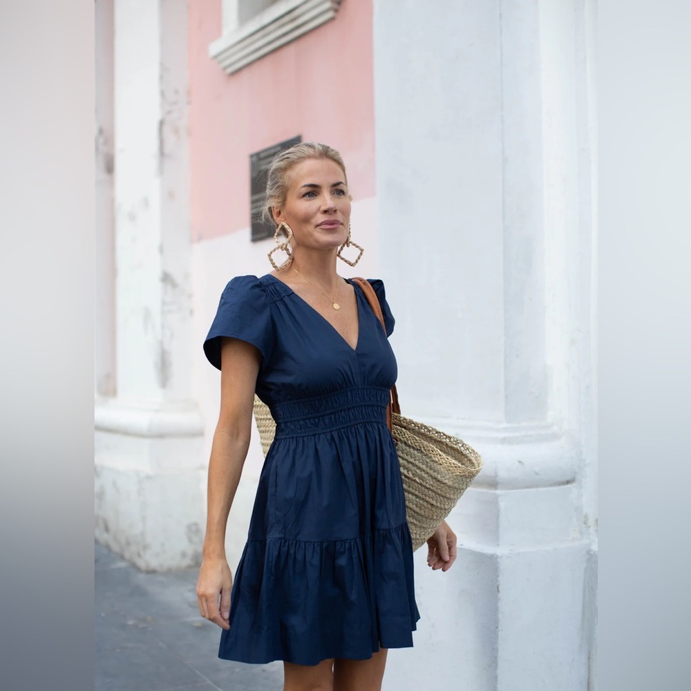 Women's Navy V-Neck Smocked Waist Mini Dress - Picture 5 of 10